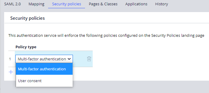 An image of the UI which displays the Policy type drop down options: Multi-factor authenticaiton or user consent
