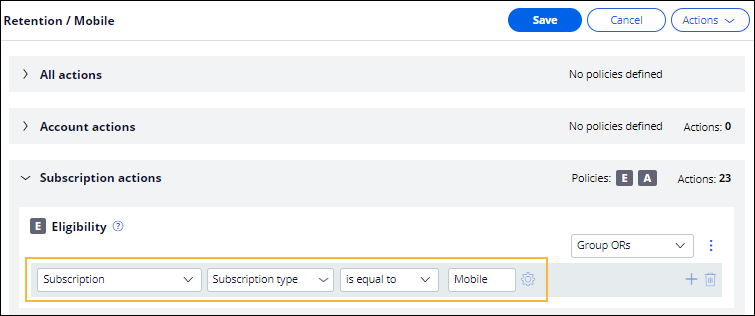 Part of the Mobile actions section that shows how to configure the
                                subscription context for the mobile action.