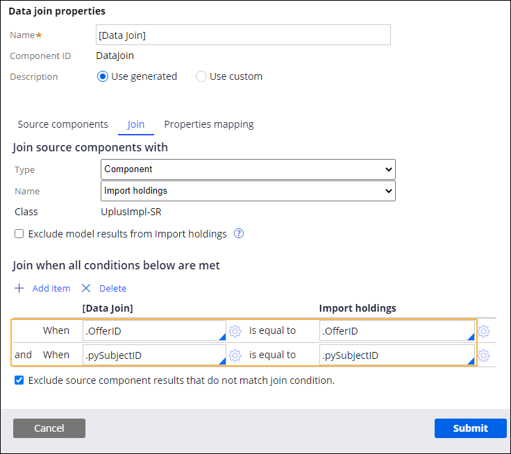 The data join properties window shows how to set the join
                                        properties for your holdings