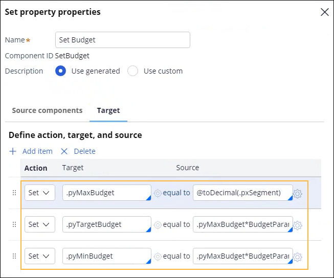This dialog box shows how to set the target and source fields to
                                define the set budget property in pega next-best-action
                                advisor.