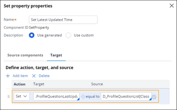 This dialog box shows how to define target and source attributes to
                                set the latest updated time in pega next-best-action-designer
