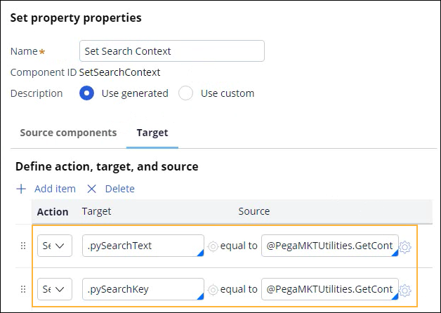 This dialog box shows how to define target and source attributes to
                                set the search context in pega next-best-action-designer