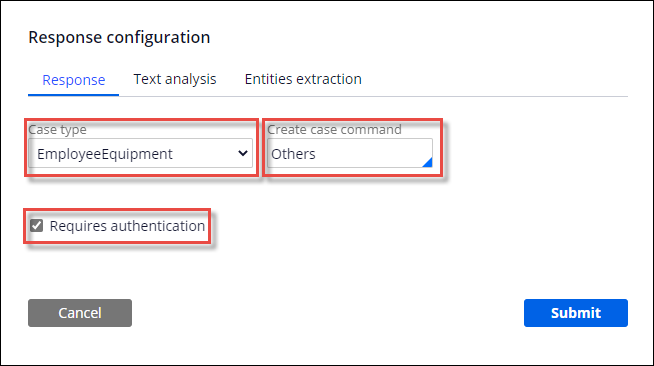 The Response configuration window with a single create case command
                                definition and required authentication enabled for an IVA.