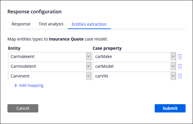 Mapped entities in the response configuration dialog box
                                        for the case type commands.
