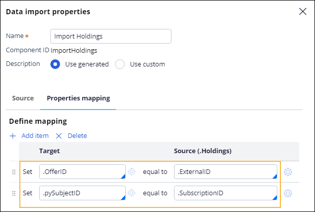 The data import properties window shows how to define the
                                        mapping for your holdings