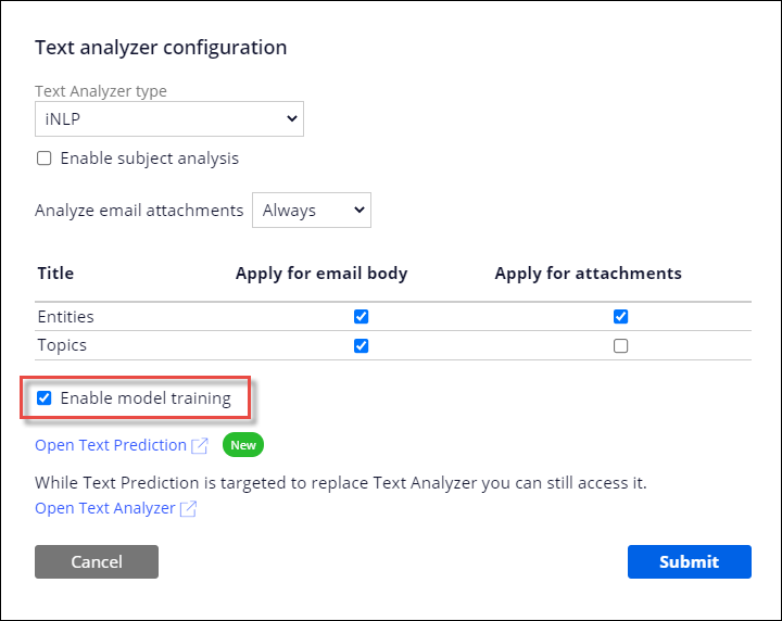 Advanced text analyzer configuration for an email bot with the training
                        model setting enabled.