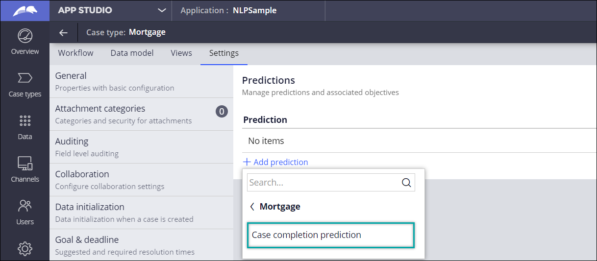 Adding a case completion prediction to a mortgage case type in App Studio