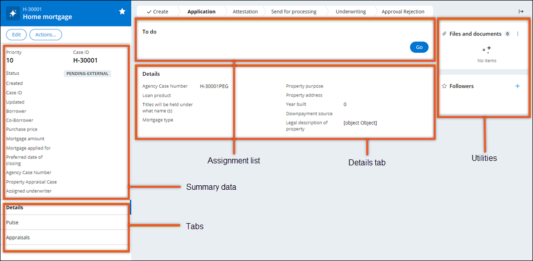 Case page includes a summary pane and a tab list on the left, a utilities
                        pane on the right, and an assignment list and a tab view in the central part
                        of the screen.