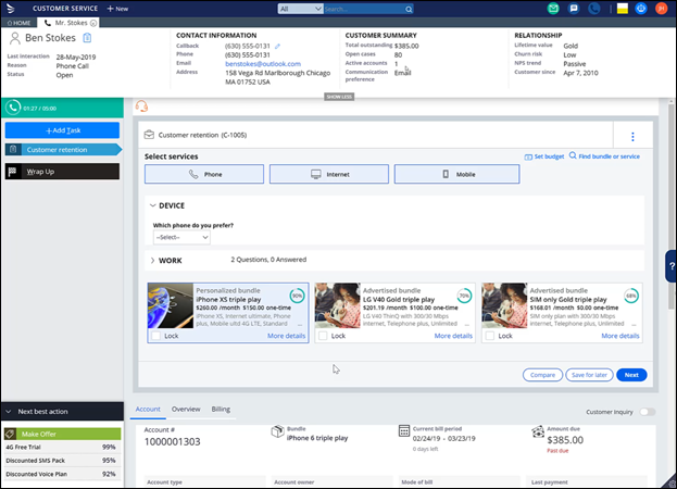 A screenshot that shows an example of pega next best action advisor in pega
                        customer service.