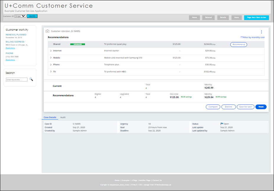 A screenshot that shows an example of pega next best action advisor
                            embedded in a custom customer service portal.