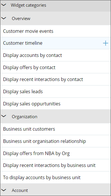 Shows a list of the widgets organized by category