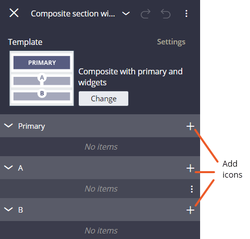 The default template has three sections where you can add the widget,
                            the Primary section (entire width of the tab), section A (left side of
                            the tab), and section B (right side of the tab).