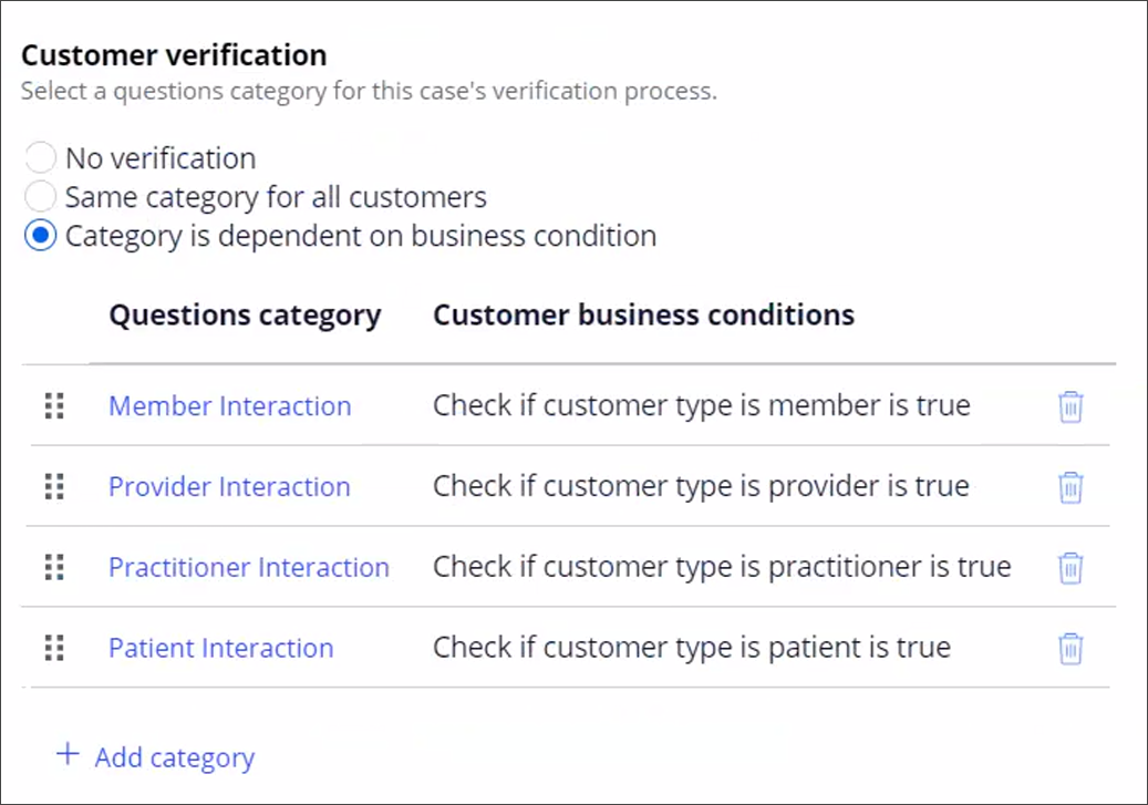 Case type configured to show different verification questions
                                    based on first matching business condition