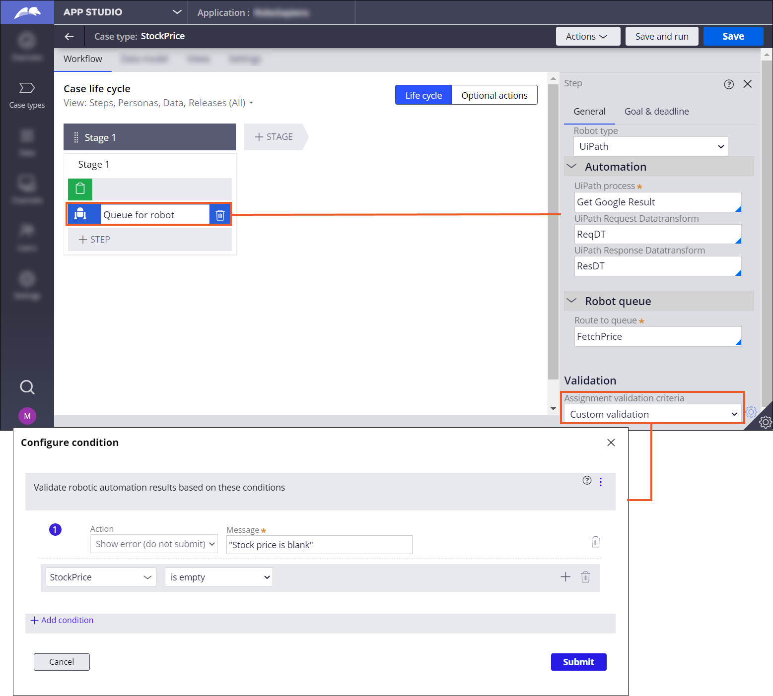 You can assign tasks to a robotic queue and configure how your application validates the automation output