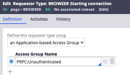 The access group is specified in the Definition tab of the browser requestor type.