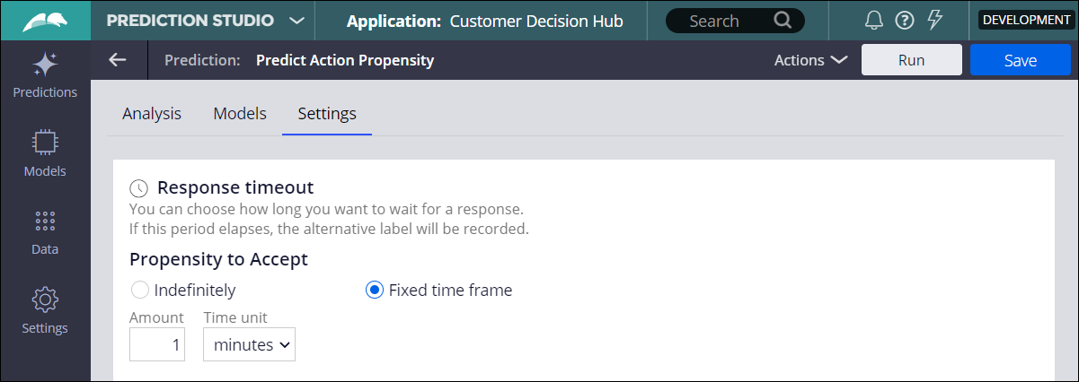 In Prediction Studio, the fixed time frame option is selected and
                                set to one minute.