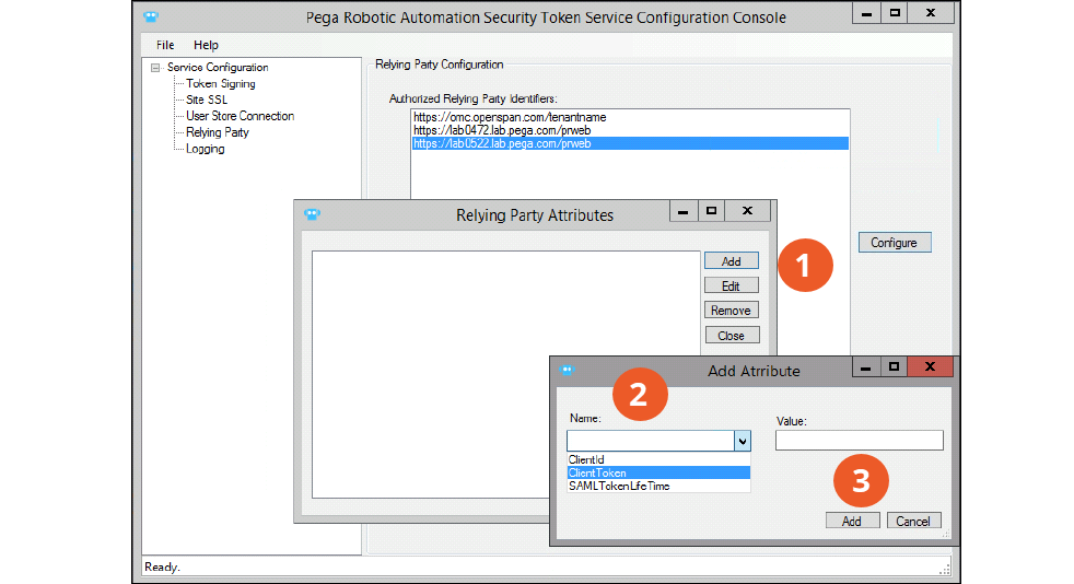 Configure the STS as the relying party that authenticates Pega
                                Robot Manager users.