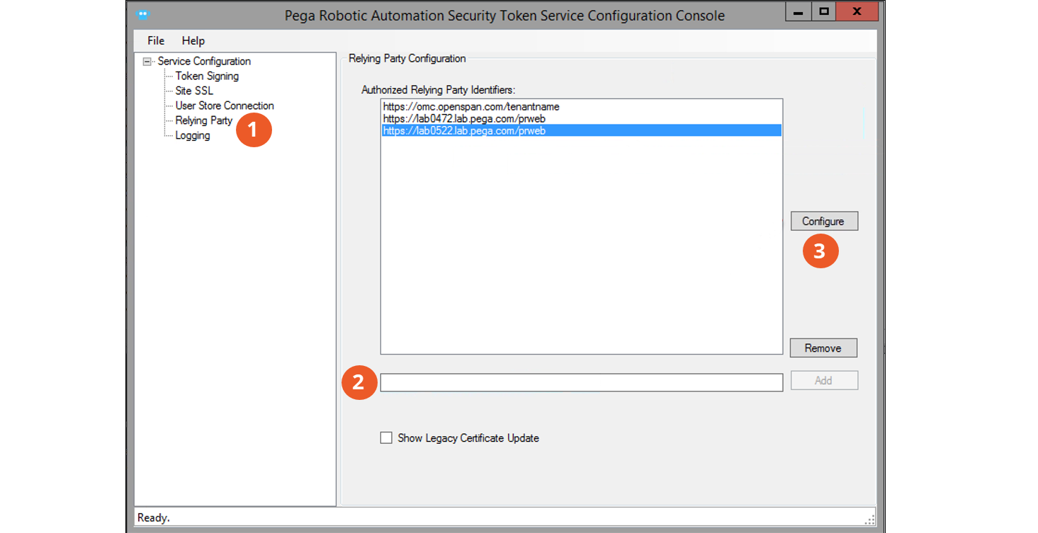 You must add a relying party in Pega STS and configure it with the
                                Client Secret and Client ID attributes.