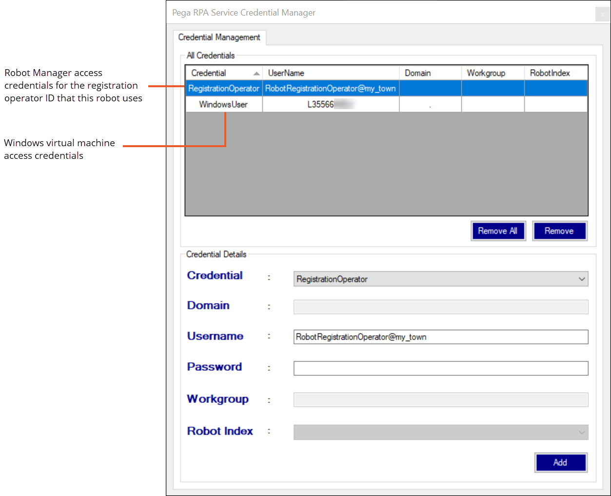 Use the Credential Manager utility to configure robot access to
                                Robot Manager