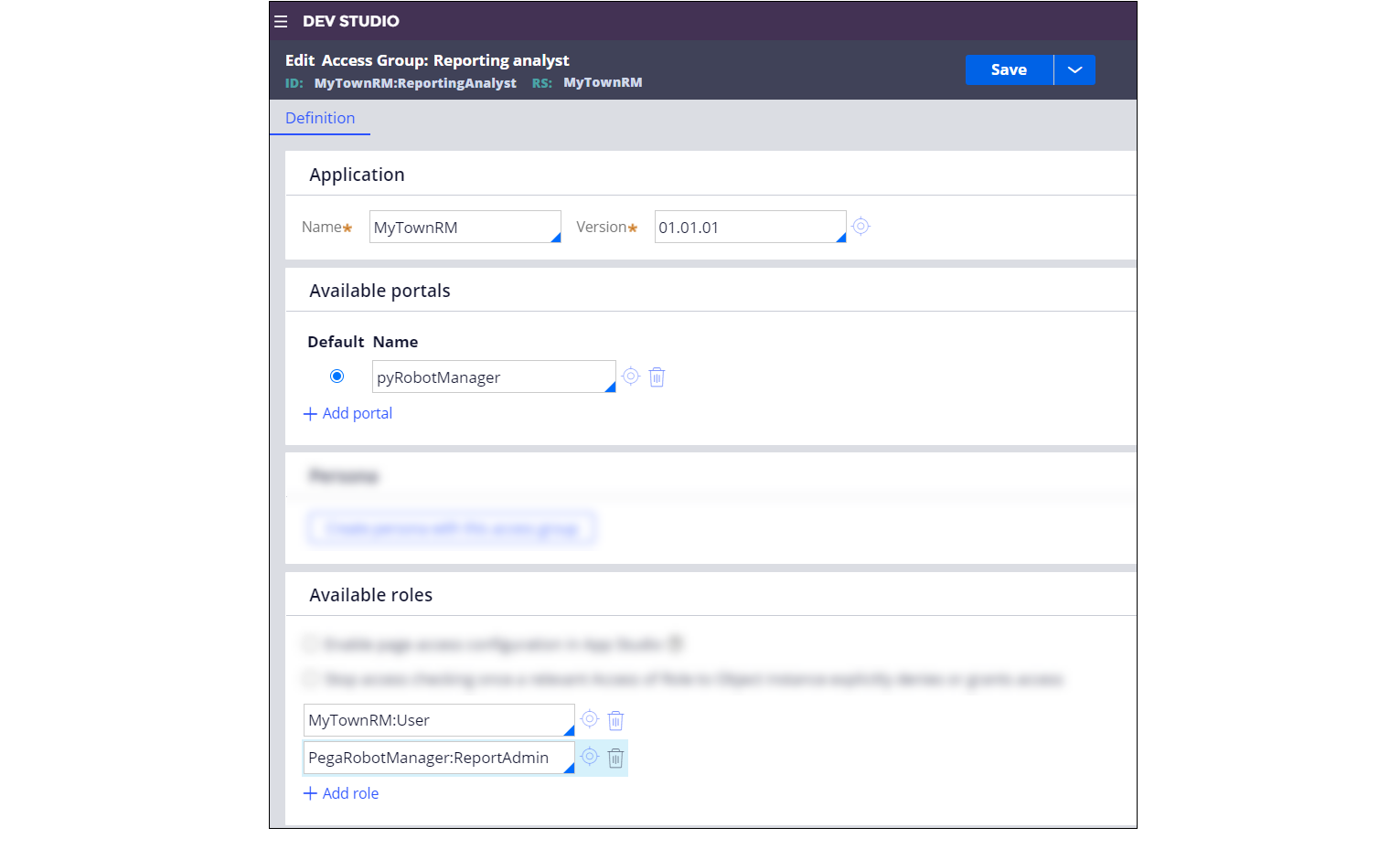 Adjusting the access group settings to provide users with access to
                                the Pega Robot Manager portal together with the appropriate access
                                privileges