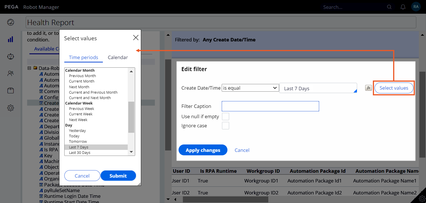 On the report definition form, after you select a filter property, configure
                    the filter conditions.