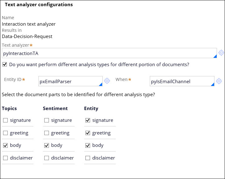 A configuration table with email parsing settings.