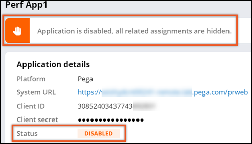Application details with a message and a status that inform that
                                the application is disabled.