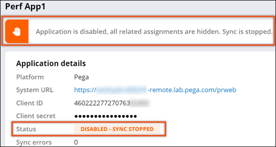 Application details for an application that is disabled and the
                                synchronization is stopped.