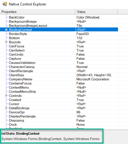 Figure showing the Native Control Explorer with a control's properties
                        highlighted.