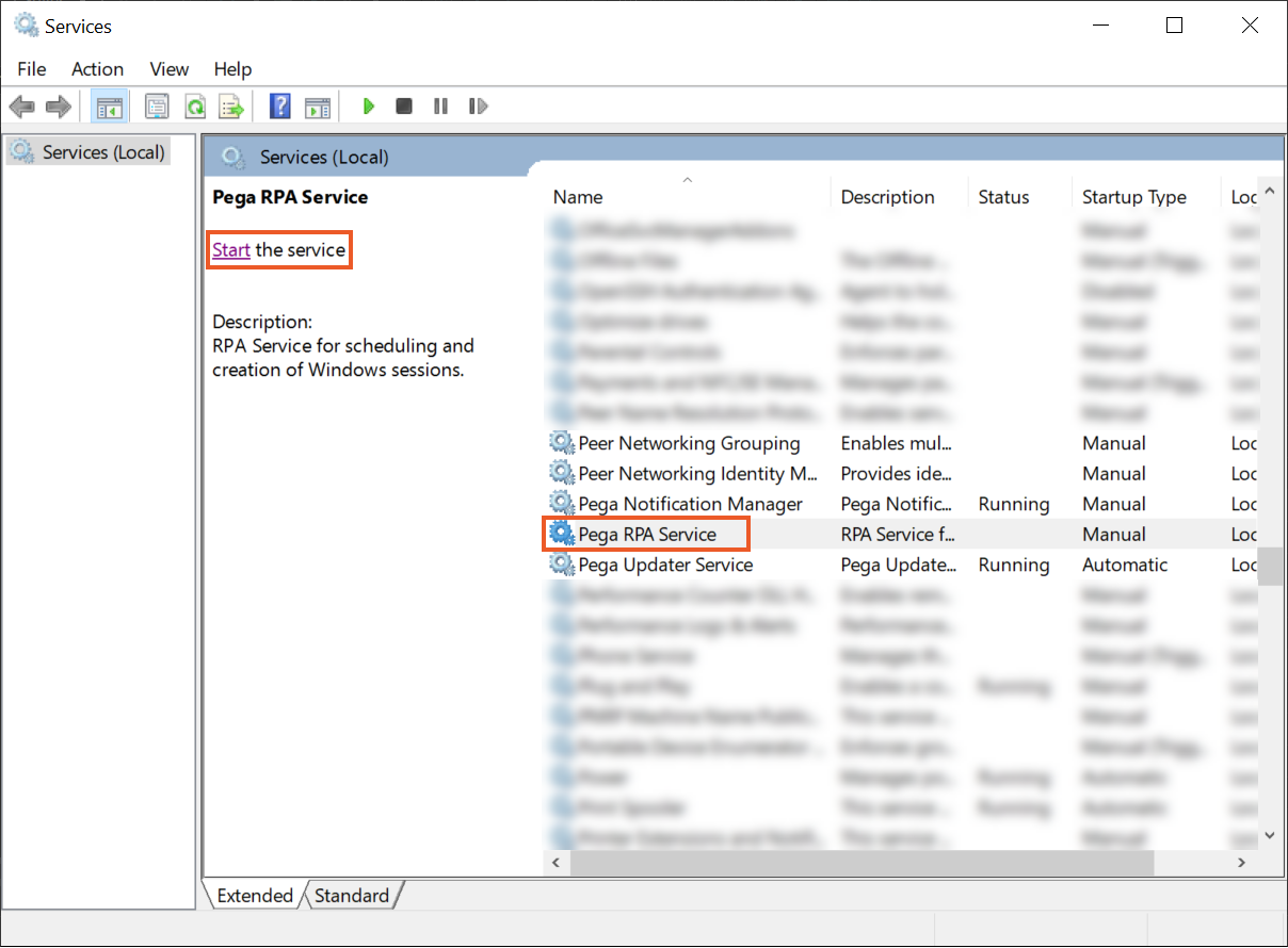 Starting or restrting Pega RPA Service in the Service application
                                in Windows