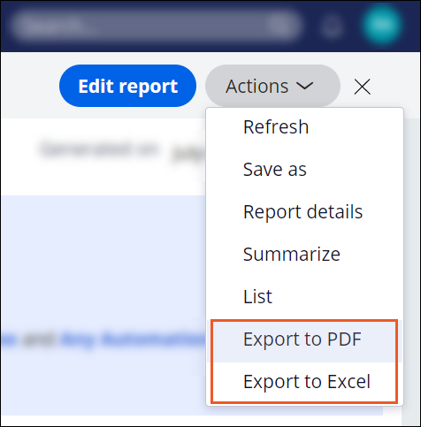 Use the Actions menu in the report header to
                                                  export the data to .pdf or .xls