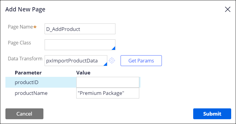The Add New Page dialog box with the Page Name, Data Transform, and productID
                fields populated.