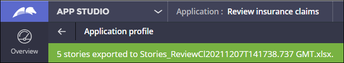 Application profile with a message about exported stories.