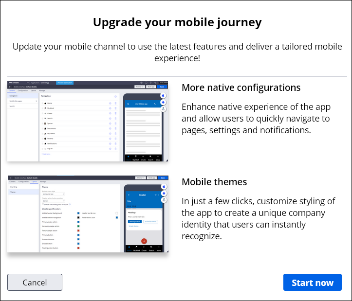 Upgrade wizard that enables you to start the process of converting
                                to a Pega Mobile Client-based channel.