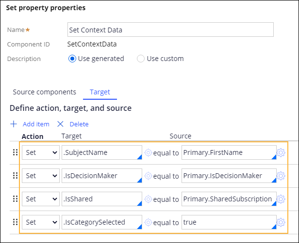 The set property properties window shows how to set the context
                                data for your holdings