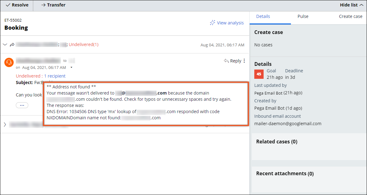 Email delivery error details for an email thread dispayed in the Email Manager portal.