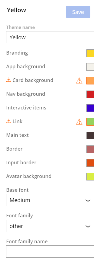 The application displays warning icons next to colors that do not meet contrast requirements.