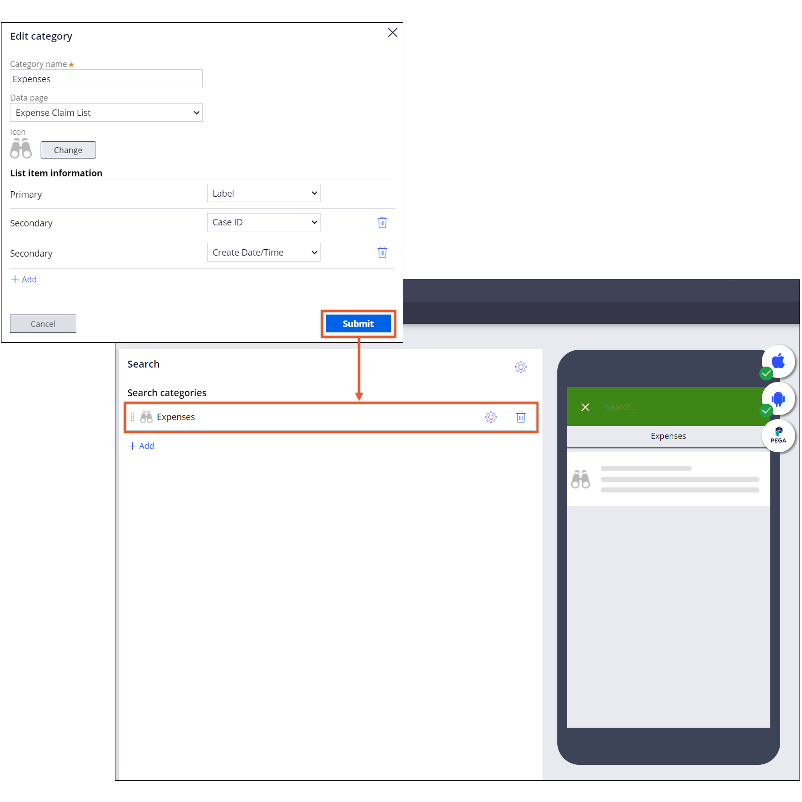 The image shows Pega Platform's mobile channel and a flow for configuring a
                        mobile search gadget.
