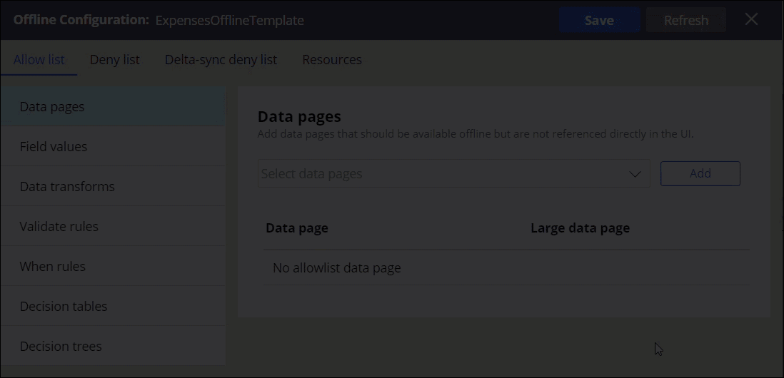 In Dev Studio, the user adds a data page to the offline template and then declares the data page as large by selecting the corresponding check box.