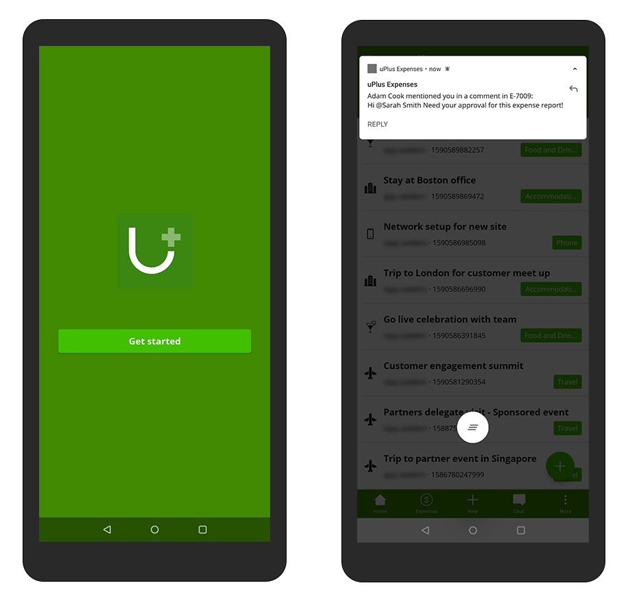 The image shows two mobile devices, one with the a launch screen with the
                        uPlus logo, and the other with an active push notification.