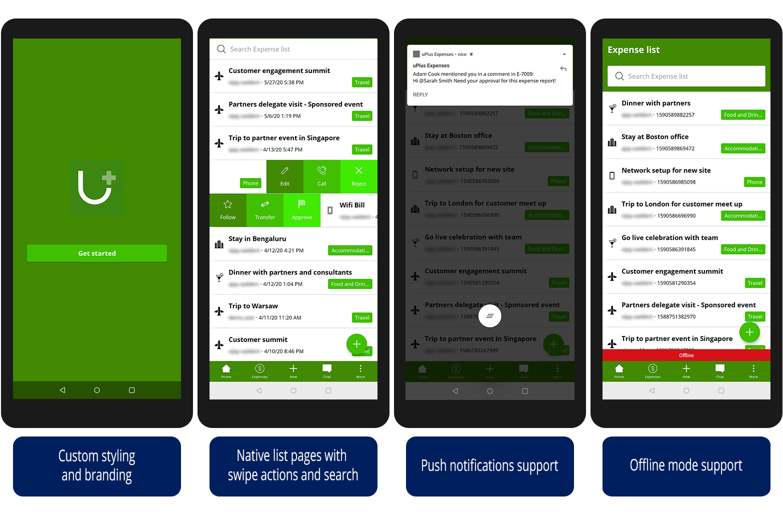 The image shows an Expenses reporting app on four mobile devices, each representing a different mobile feature: custom styling, native list pages, push notifications, and offline support.