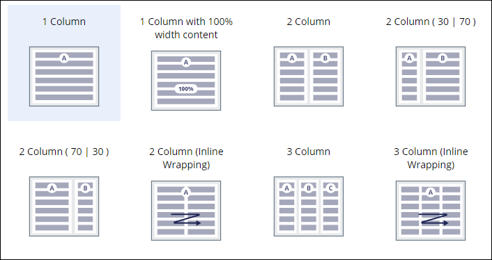 Sample design templates, including single column options and multiple column options with varying size ratios