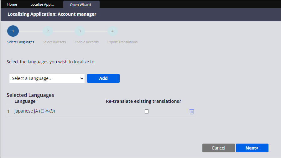 Language selection step in the localization wizard