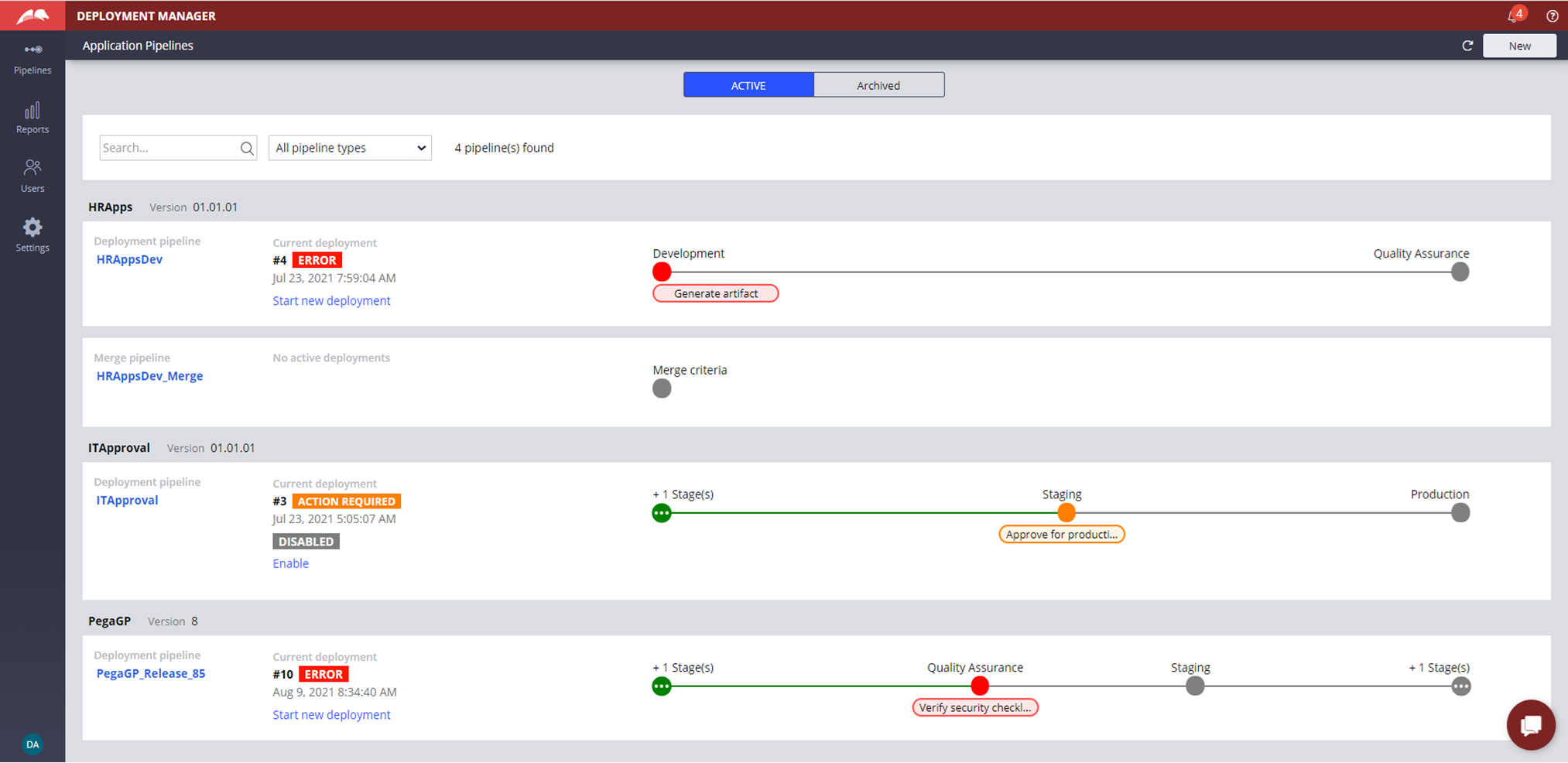 Deployment Manager dashboard provides a quick access to all your pipelines at one place.