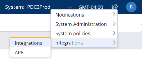 The Integrations menu is open leading to the Integrations section