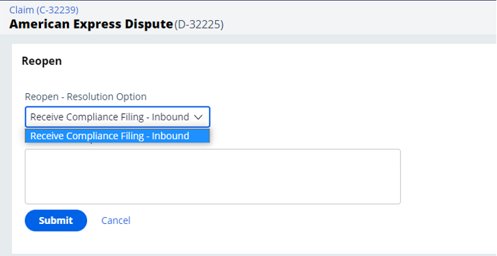 If the Receive Pre-Compliance Letter â Inbound is selected as Reopen -Resolution option, the user can enter Pre-Compliance amount and select the issuer response as Accept, Accept partially, or Reject.