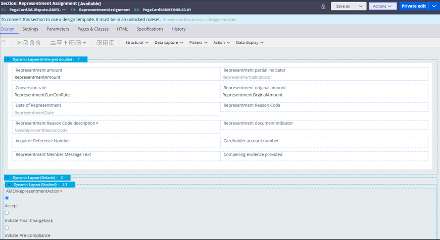 The Design tab of the RepresentmentAssignment displays the attributes to process inbound representment.