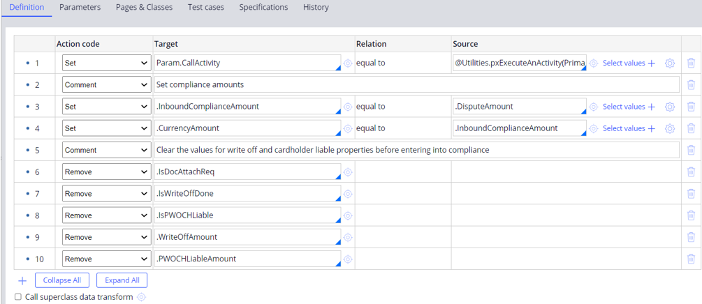 The Definition tab of the SetInitiateInboundCompliance data transform allows the user to set compliance amounts.