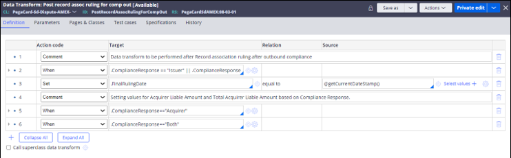 The Definition tab of the PostRecordAssocRulingForCompOut data transform is used to validate post-processing actions to process outbound compliance.