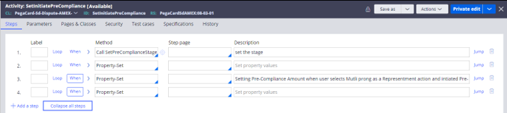 The Steps tab of the SetInitiatePreCompliance activity that process preprocessing actions to initiate pre-compliance.